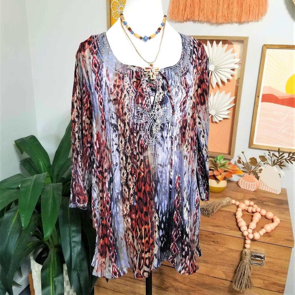 Top, Blouse. Blue, Brown, Rust Multi Pattern. Emb… - image 1